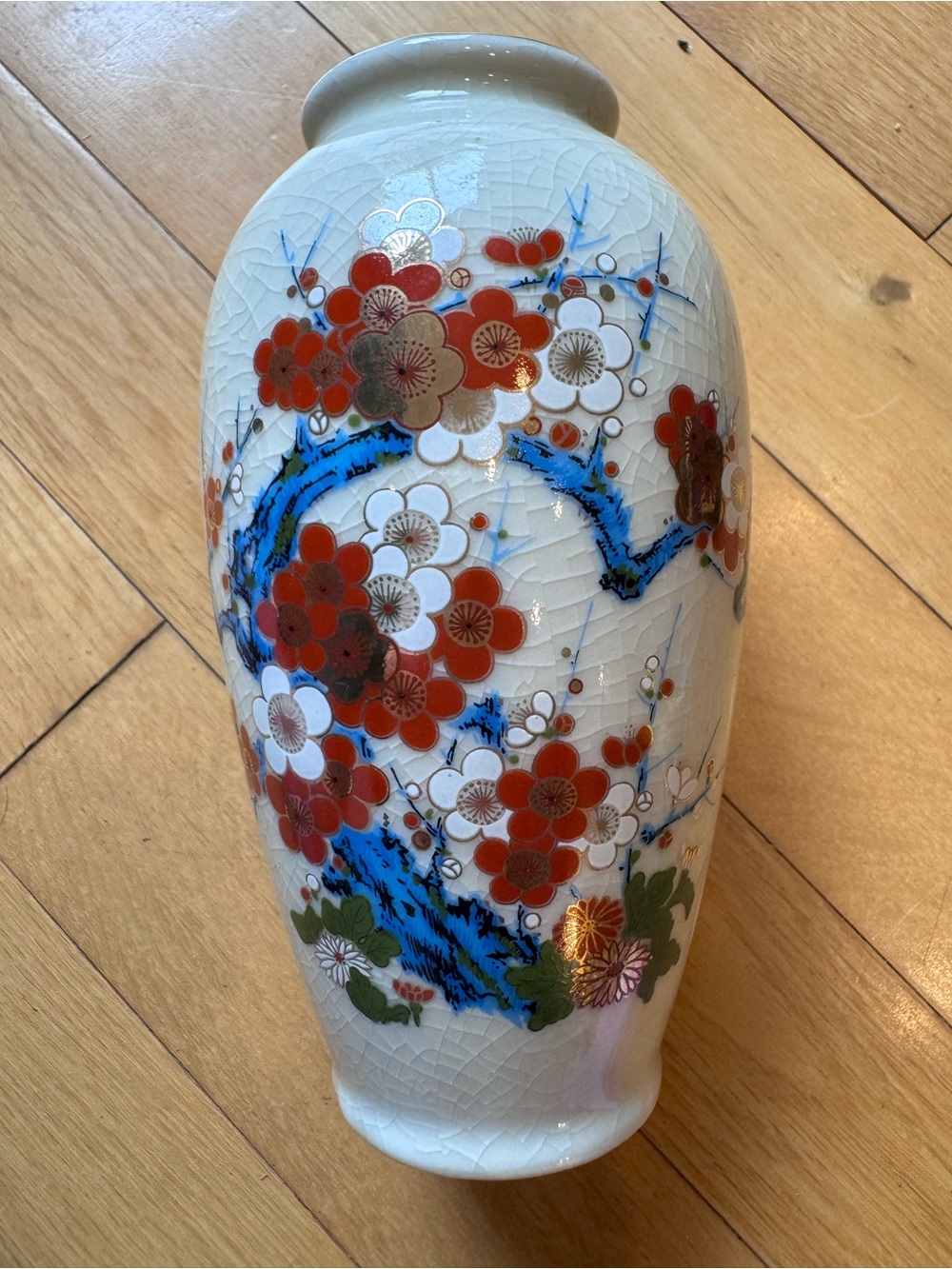 Vintage Artmark Japan Crackle Glaze Floral Vase Hand Painted Red White Blue ~6”